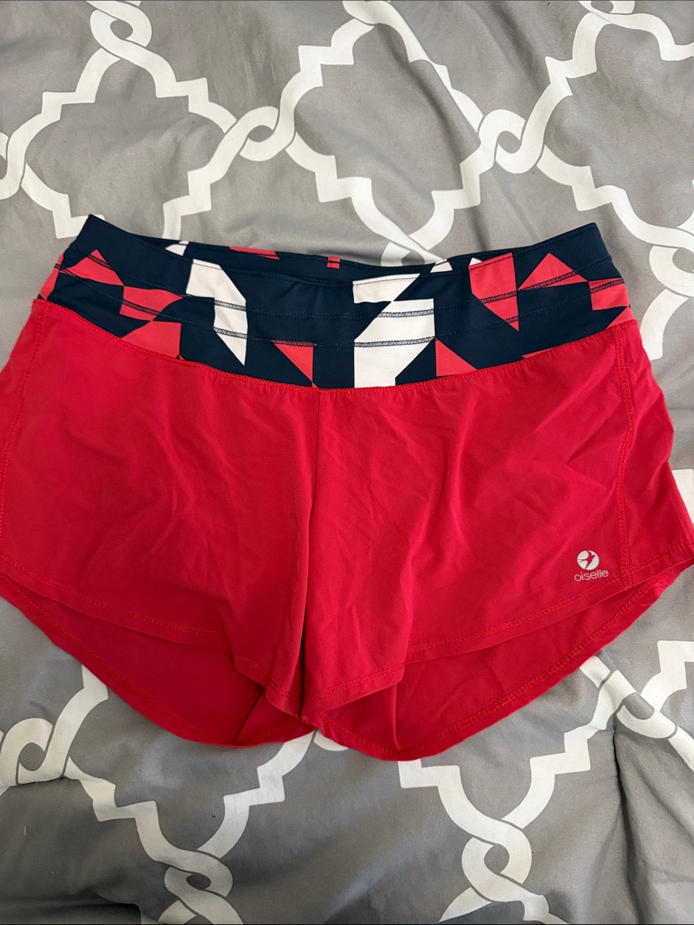 Women’s Oiselle Roga Red Running with Navy & White Geometric Waistband Size 4
